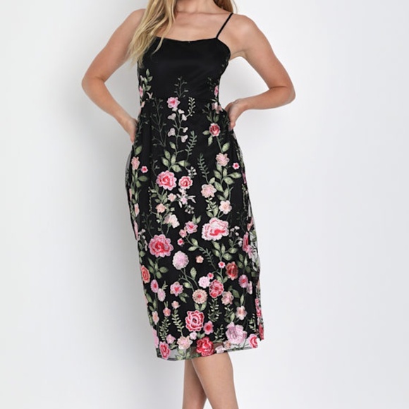 Lulus Dresses & Skirts - Lulus Blooming For Love Black Floral Embroidered Midi Dress - Size XL